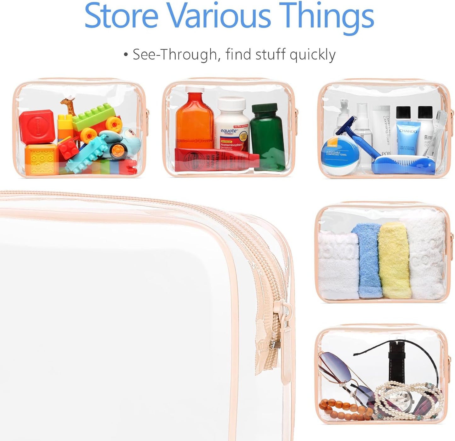 PACKISM TSA Approved Toiletry Bag - 4 Pack Upgrade Color-Edged Clear Makeup Bag, Clear Toiletry Bag For Traveling Fits Various Storage Needs, Pink