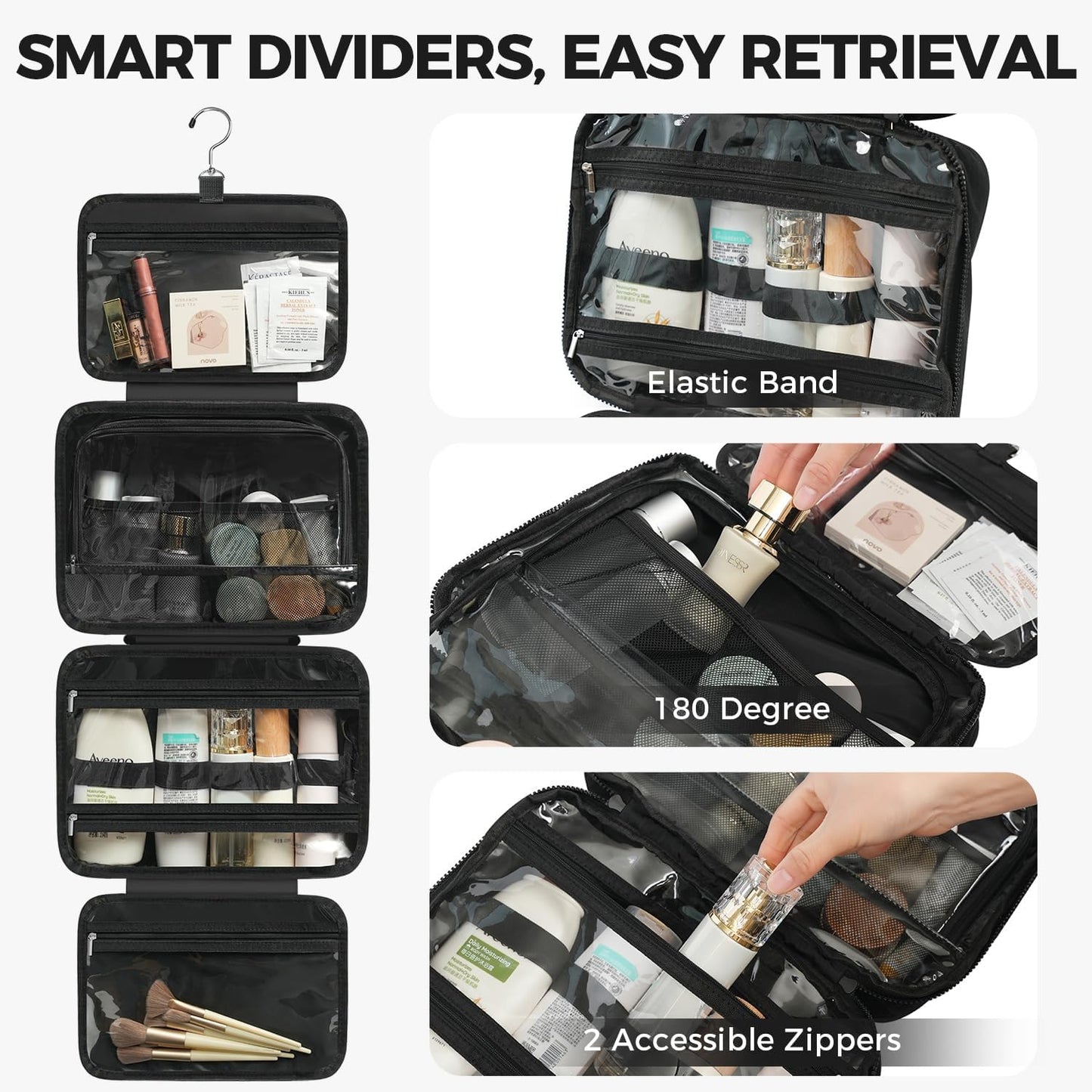 Toiletry Bag For women,Portable Hanging Organizer,4 Leakproof Compartment for full-sized Conditioner, Brushes Set, Makeup Accessories,Visible and easy to access.M-black