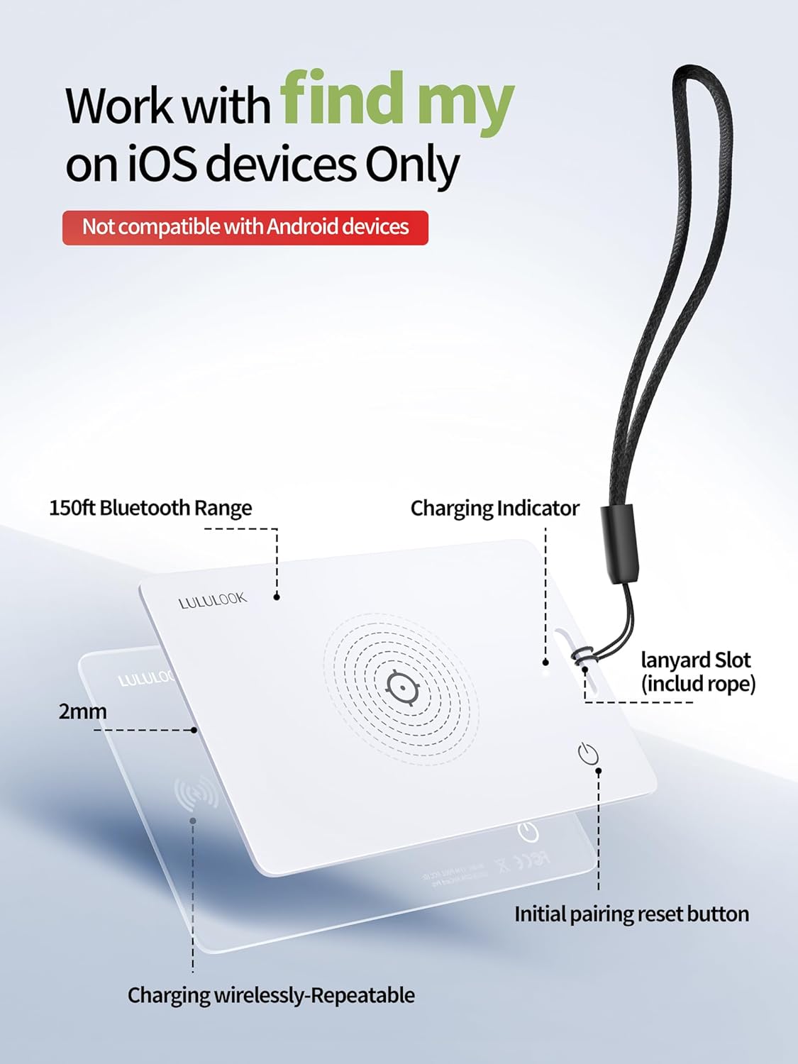 LULULOOK Wallet Tracker Card (iOS Only), Ultra Slim Airtag Wallet Works with Apple Find My, Wireless Rechargeable GPS Smartcard Tracker for Luggage, Tags, Passport, Purse, IP68 Waterproof, 3 Pack