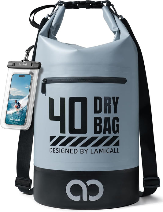 Lamicall Dry Bag Waterproof Backpack - [Zippered Pocket] 5L/10L/20L/30L/40L Roll Top Waterproof Bag with Water Proof Phone Pouch, Floatable Drybag for Swimming, Boating, Kayaking, Camping, Beach