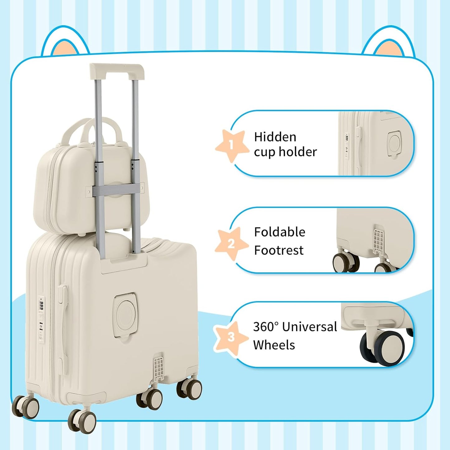 TABU Ride-on Luggage with Handbag for Kids，Hardshell Carry On Suitcase with Hidden Cup Holder, Foldable Pedal,Type-C & USB Interface, TSA Lock, 6-Spinner Wheels, White