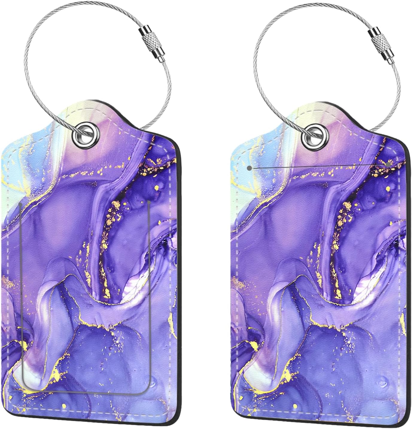 2 Pcs Luggage Tags for Suitcase, Cute Unique PU Leather Travel Bag Tag with Privacy Cover ID Label Address Card and Durable Metal Ring Suitable for Men Women Children Backpack,Purple Marble