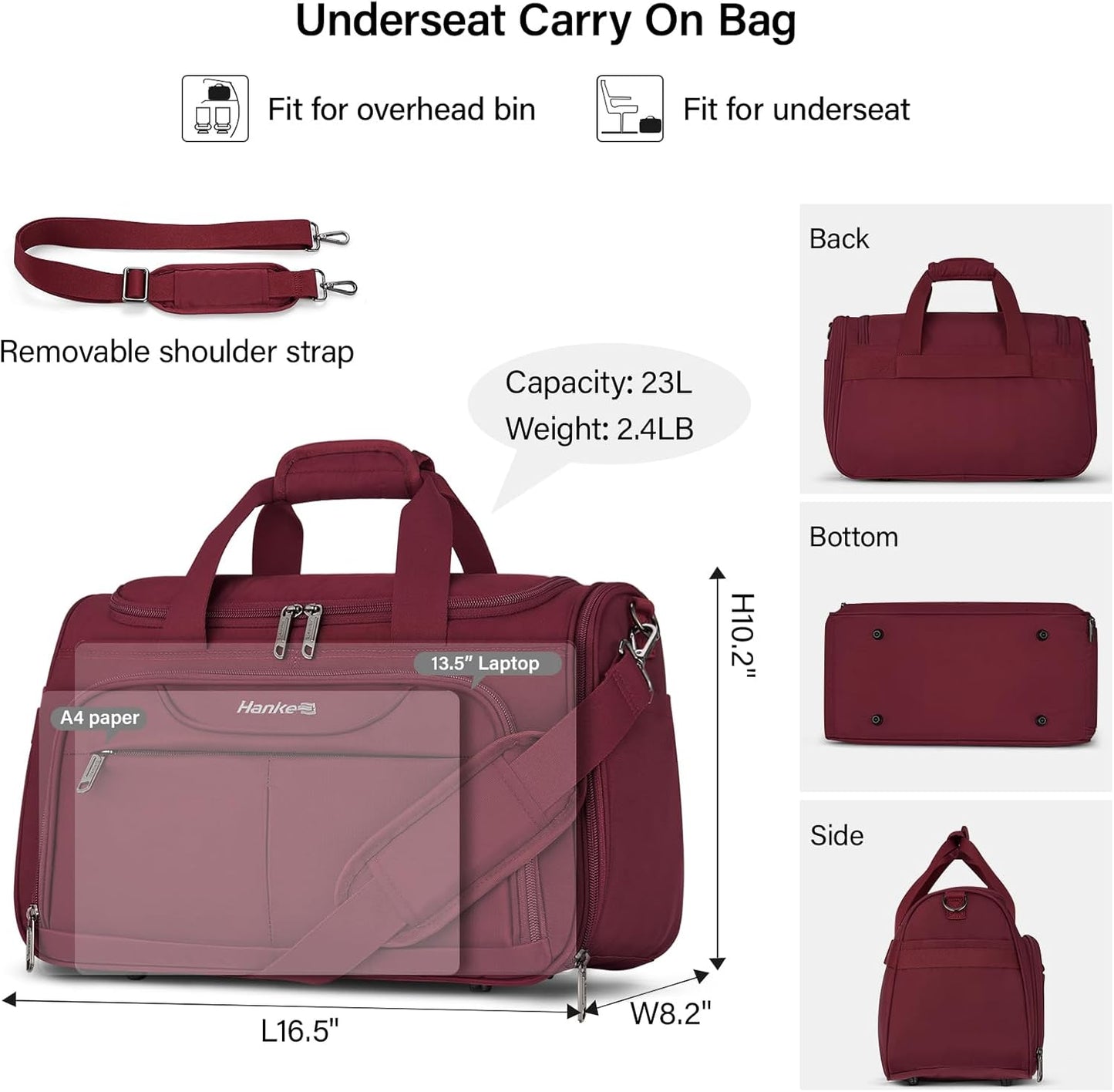 Hanke Underseat Carry On luggage Bags for Travel, Foldable Travel Bags for Women, Soft Lightweight Personal Item Travel Bag Small Carry On Bags for Airplanes, Travel Tote Bags for Women Men.（Burgundy）