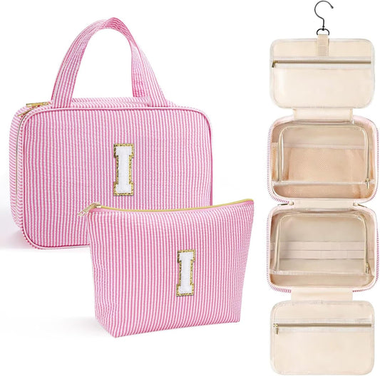 YOOLIFE Travel Toiletry Bag for Women - Hanging Toiletry Bag Initial Makeup Bag, Portable Toiletries Cosmetic Bag, Airplane Travel Essentials - Letter I, Pink