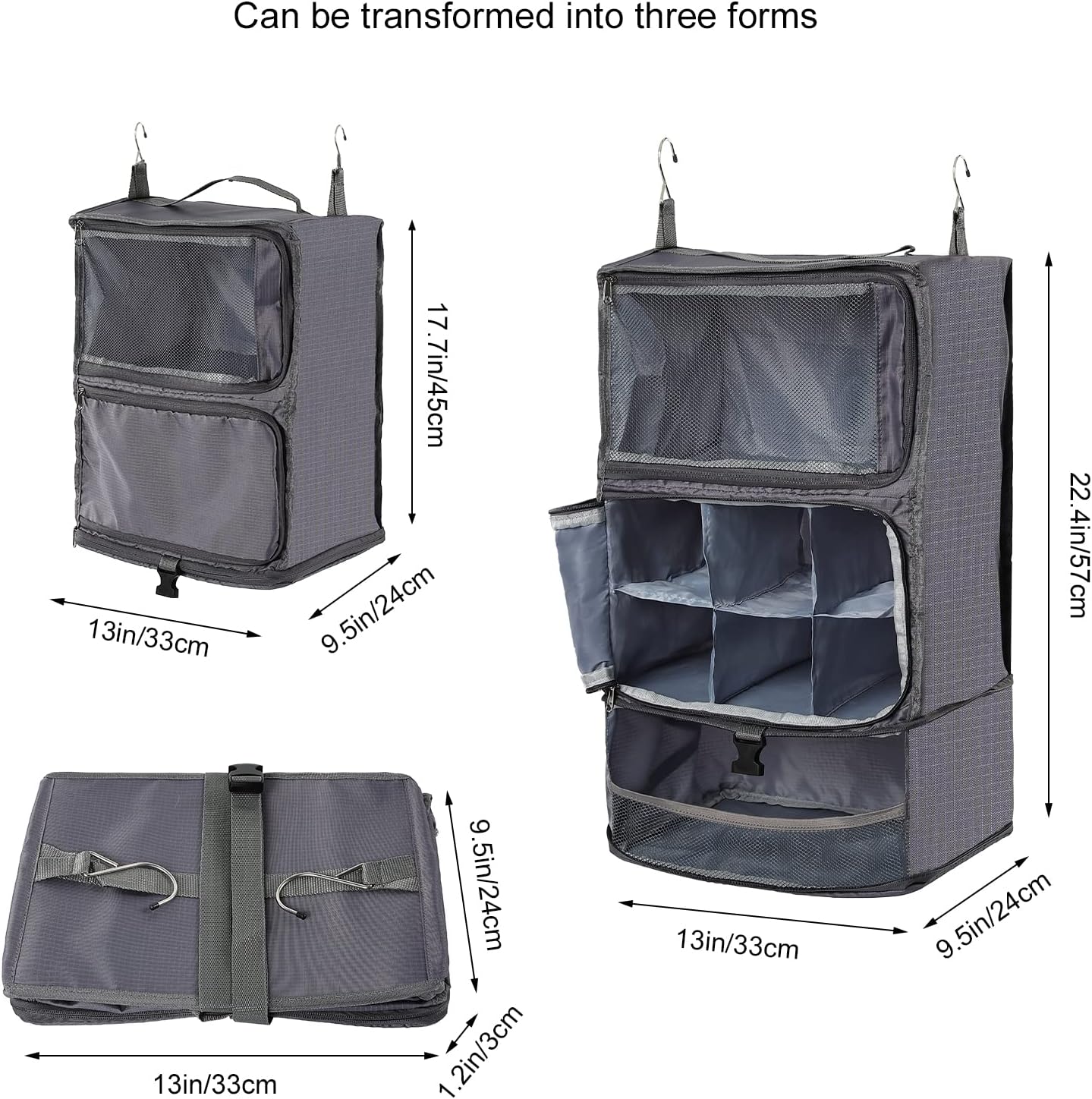 TABITORA Travel Portable Hanging Shelves Closet Organizer Packing Luggage Storage with Multifunctional and Foldable Invisible Compartment,Lightweight, for Suitcase, RV,Closet…Grey,XL