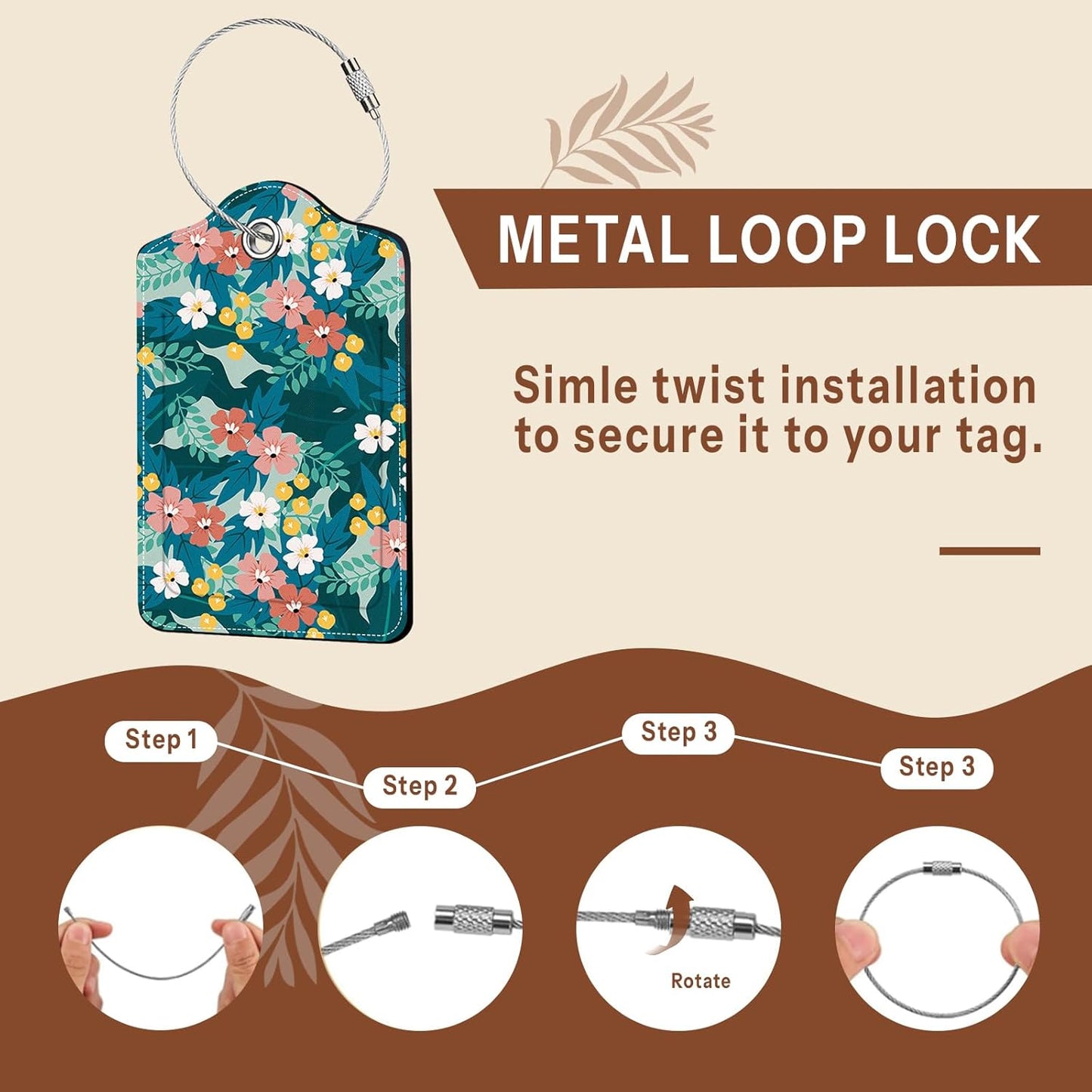 2 Pcs Floral Luggage Tag for Suitcases, Green Luggage Tags PU Leather Luggage Tag Name ID Labels with Privacy Cover Suitcases Women Fun Laggage Tags