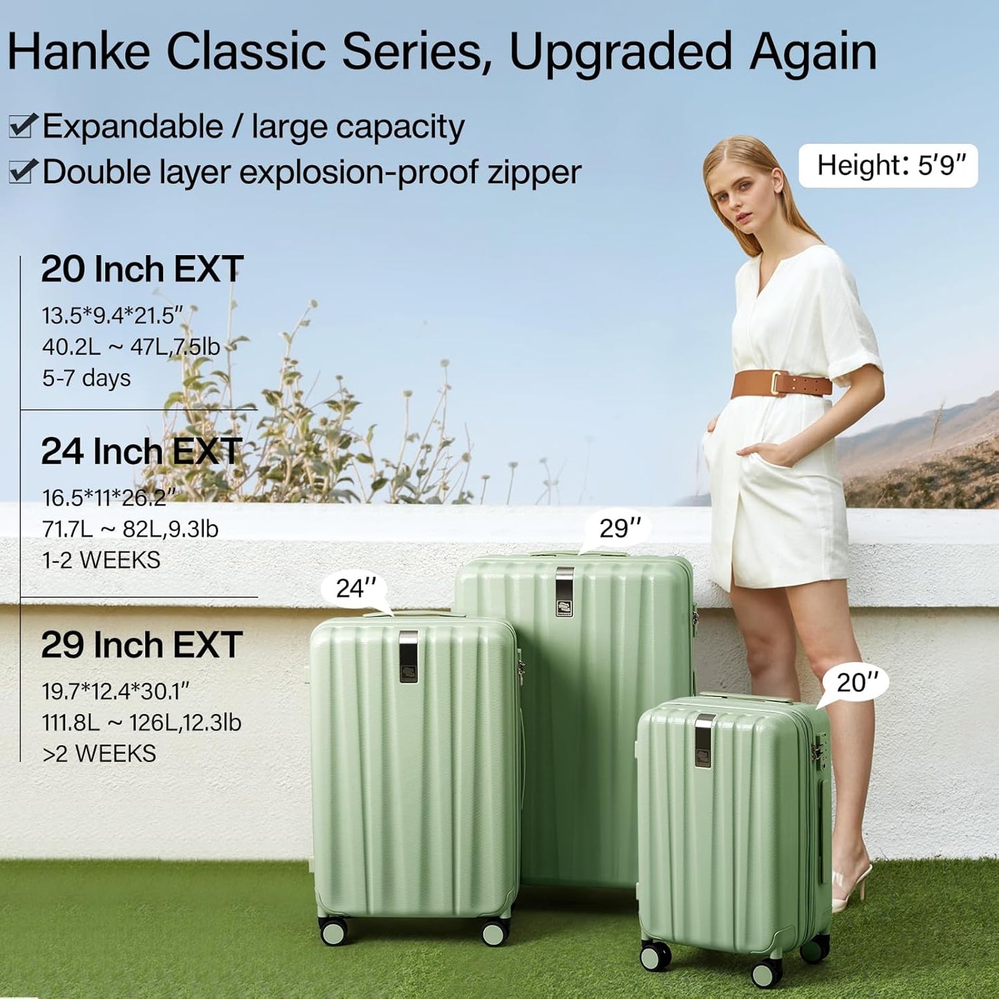 Hanke 24 Inch Expandable Checked Luggage Lightweight PC Hard Shell Luggage Suitcases with Wheels Travel Luggage Rolling Large Suitcase Travel Luggage Bag for Go to University.(Bamboo Green)