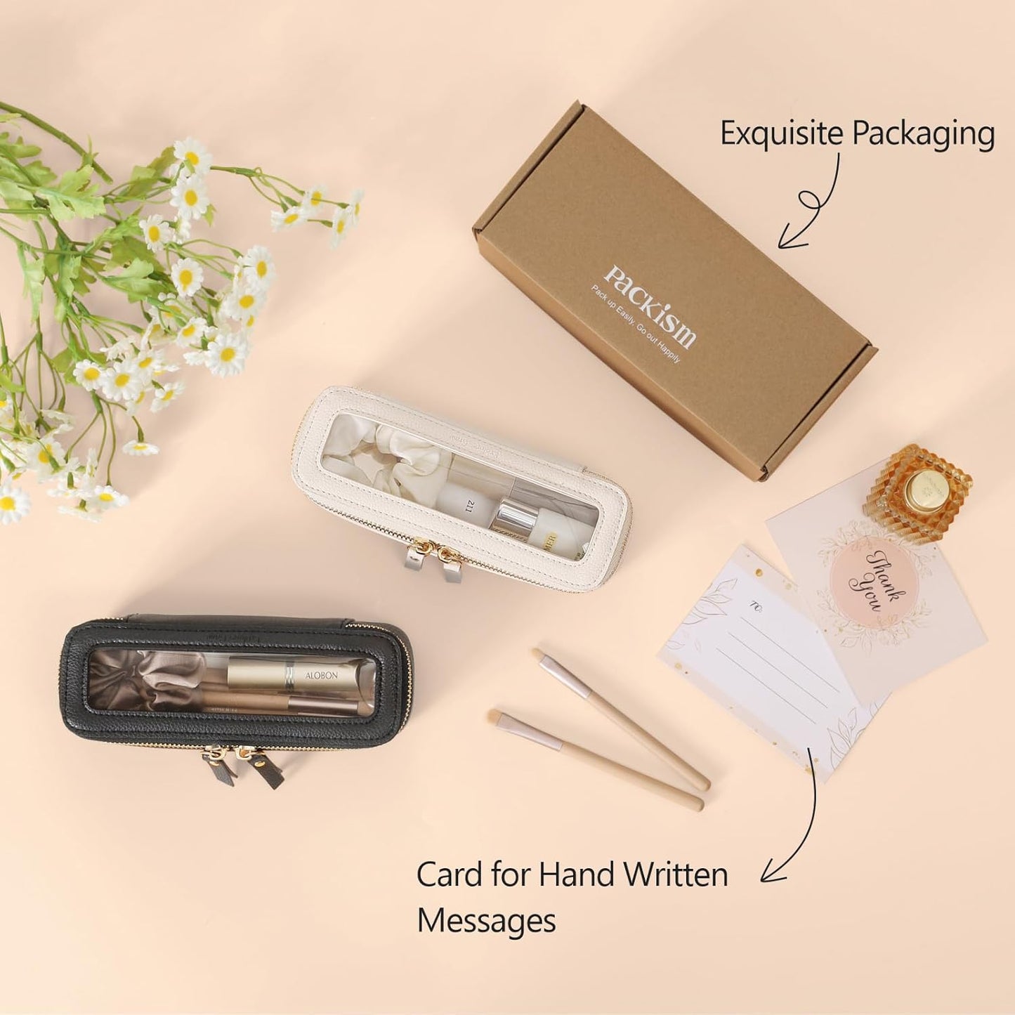 PACKISM Slim Clear Makeup Brush Bag, Pebbled Texture & Hard PU Leather Small Cosmetic Brush Holder, Mini Toiletry Bag Make up Bags with Message Card, Cute Travel Essentials Bag (Cream)