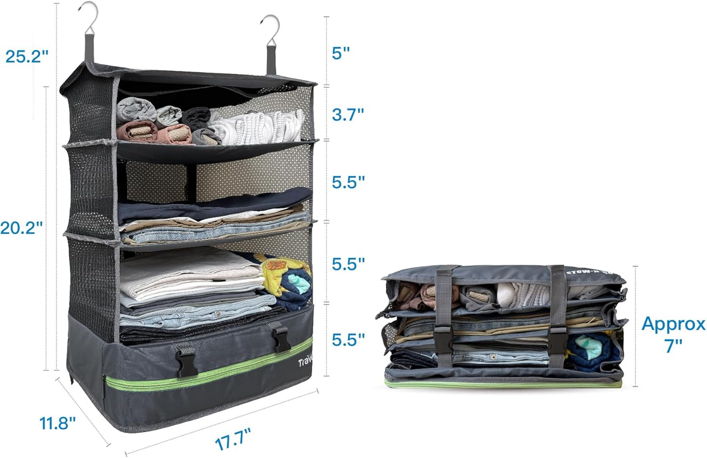Stow-N-Go Portable Hanging Travel Shelves, Packing Organizer for Luggage. Carry on Closet for Clothes. Expandable Packing Cube. Travel Essentials. Dak Gray - XL