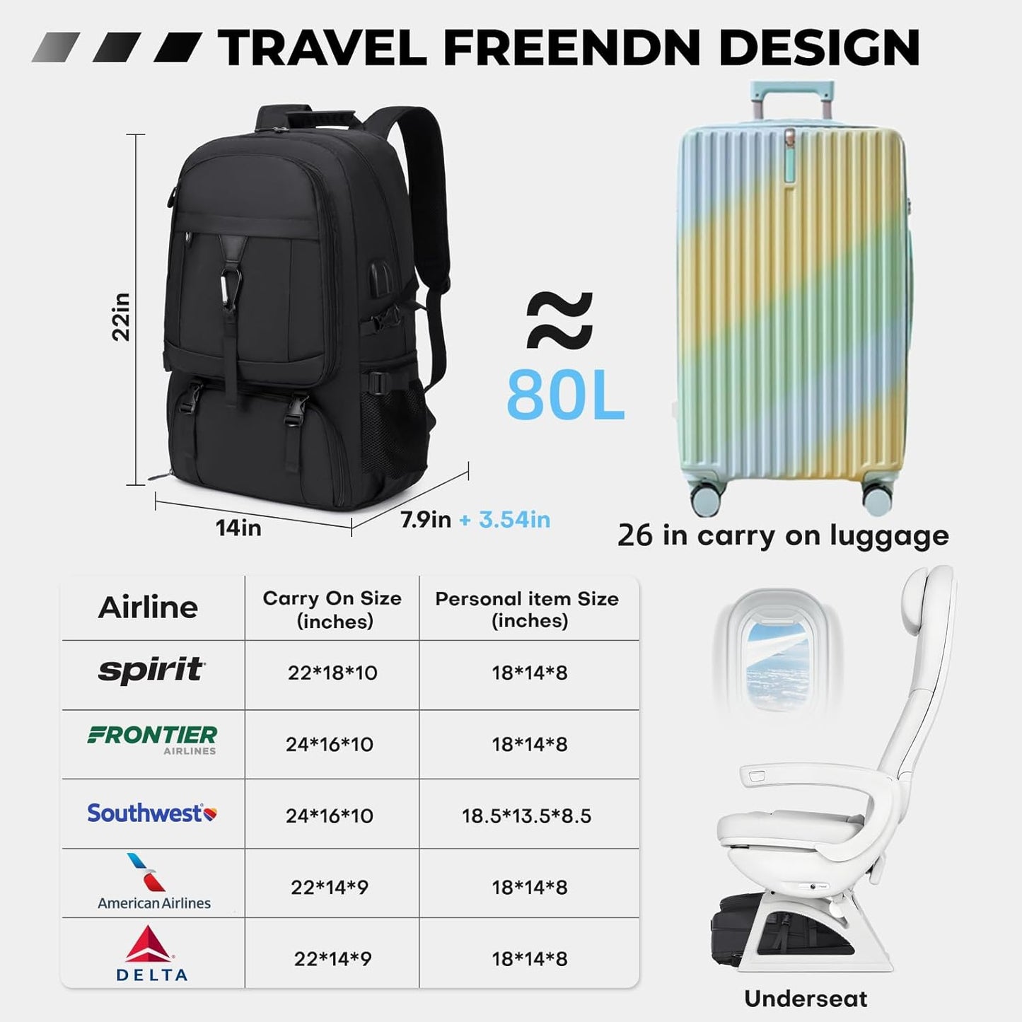 18.4 Inch gym backpack with shoe compartment,80L Multiple Compartments Backpacks, Airline Approved Carry on Travel Daypack Anti Theft with USB Charging Port,for Men Women Travel Work Business