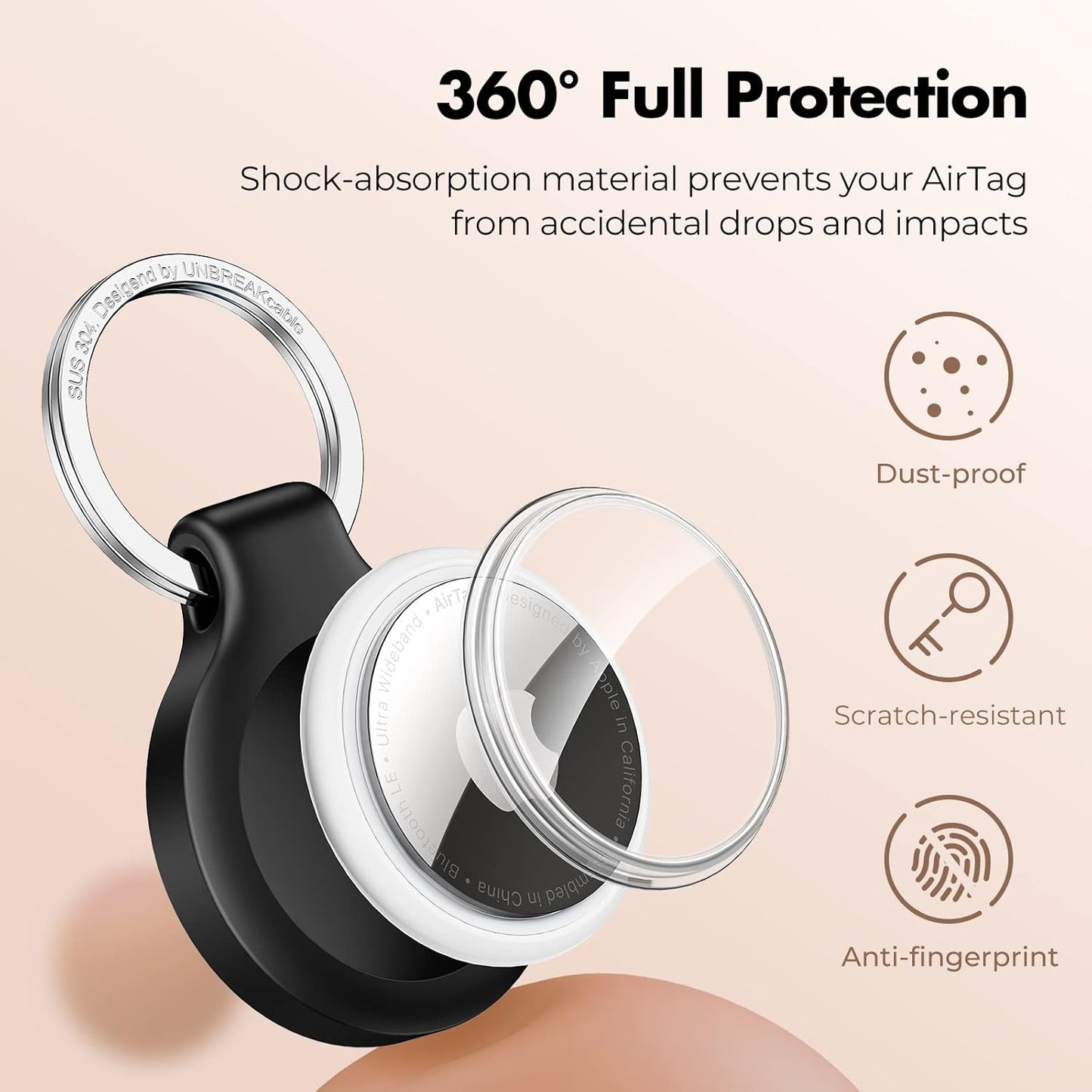 UNBREAKcable 360° Protective Holder for AirTag, [4-Pack] AirTags Keyring [Full Cover] [Scratch-Resistant] [Pefect Fit] [304 Stainless Steel] Keychain for AirTag TPU Case for Key, Luggage, Pet Collar