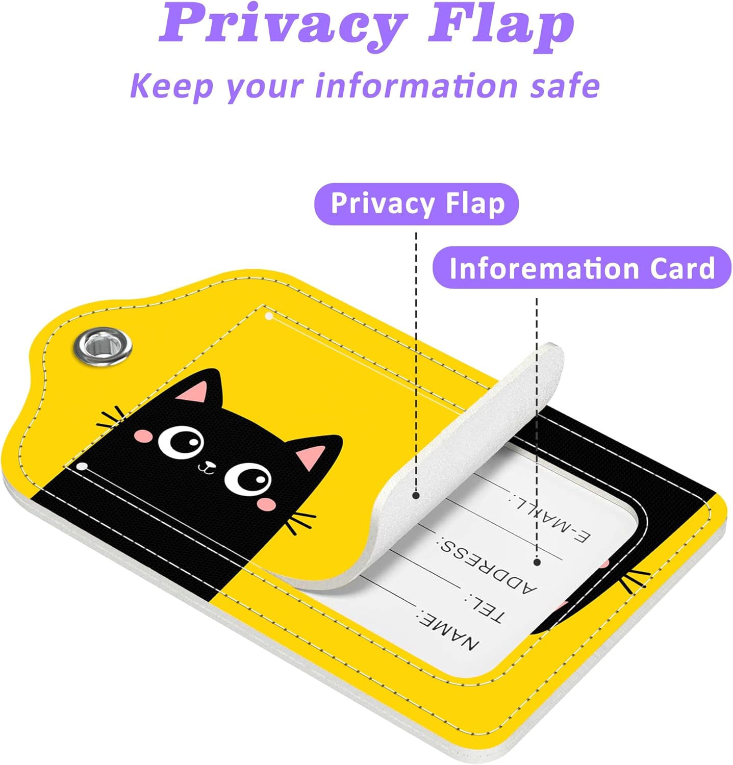 Set of 2 Luggage Tags Two Black Kitten Face Head Leather Suitcases Tag with Privacy Cover Stainless Steel Loop and Address Card for Women Men Travel