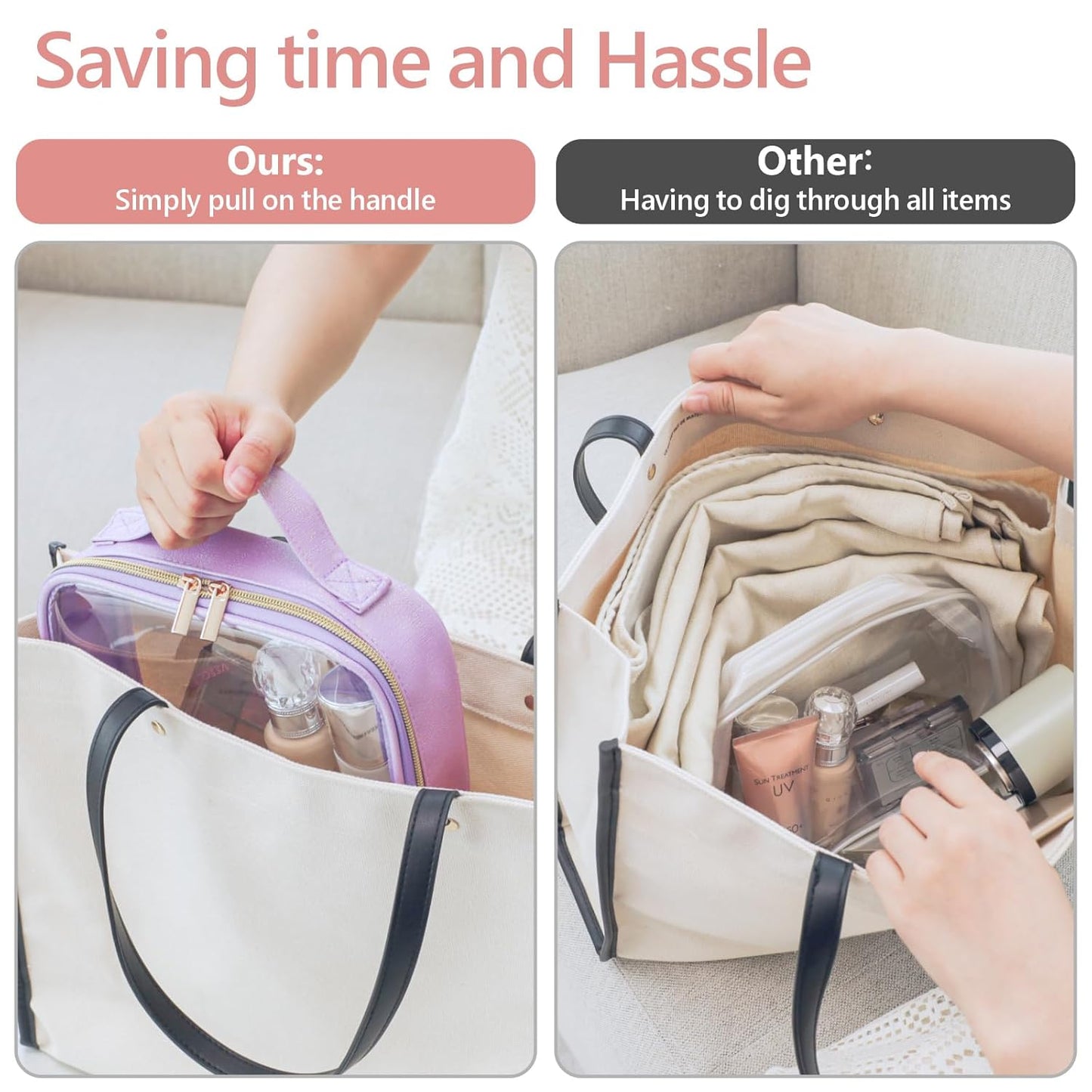 PACKISM TSA Approved Toiletry Bag - Glitter Textured Clear Travel Bag, Personalized and Fashion, with 180° Large Opening and Supporting Frame, Perfect for Travel Essentials, Thick No Smell, Purple