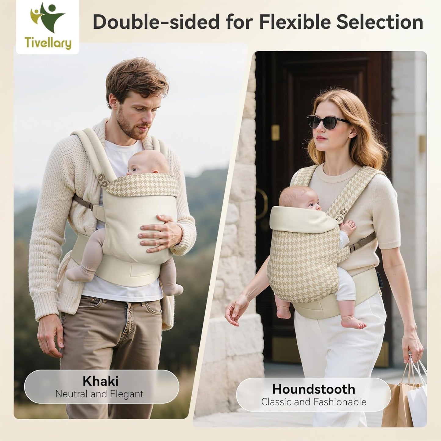 Reversible Baby Carrier, Khaki Solid & Houndstooth; Lightweight & Breathable Lyocell Fabric; Ergonomic Lumbar Support and Quick Hands-Free Wear for Newborn to Toddler (7–44 lbs)