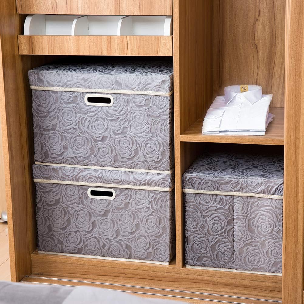 PRANDOM Large Storage Boxes with Lids [5-Pack] Fabric Decorative Storage Bins Cubes Organizer Containers Baskets with Handles for Closet Grey 17.5x11.8x11.8 In For 6+ Year Old Boys and Girls