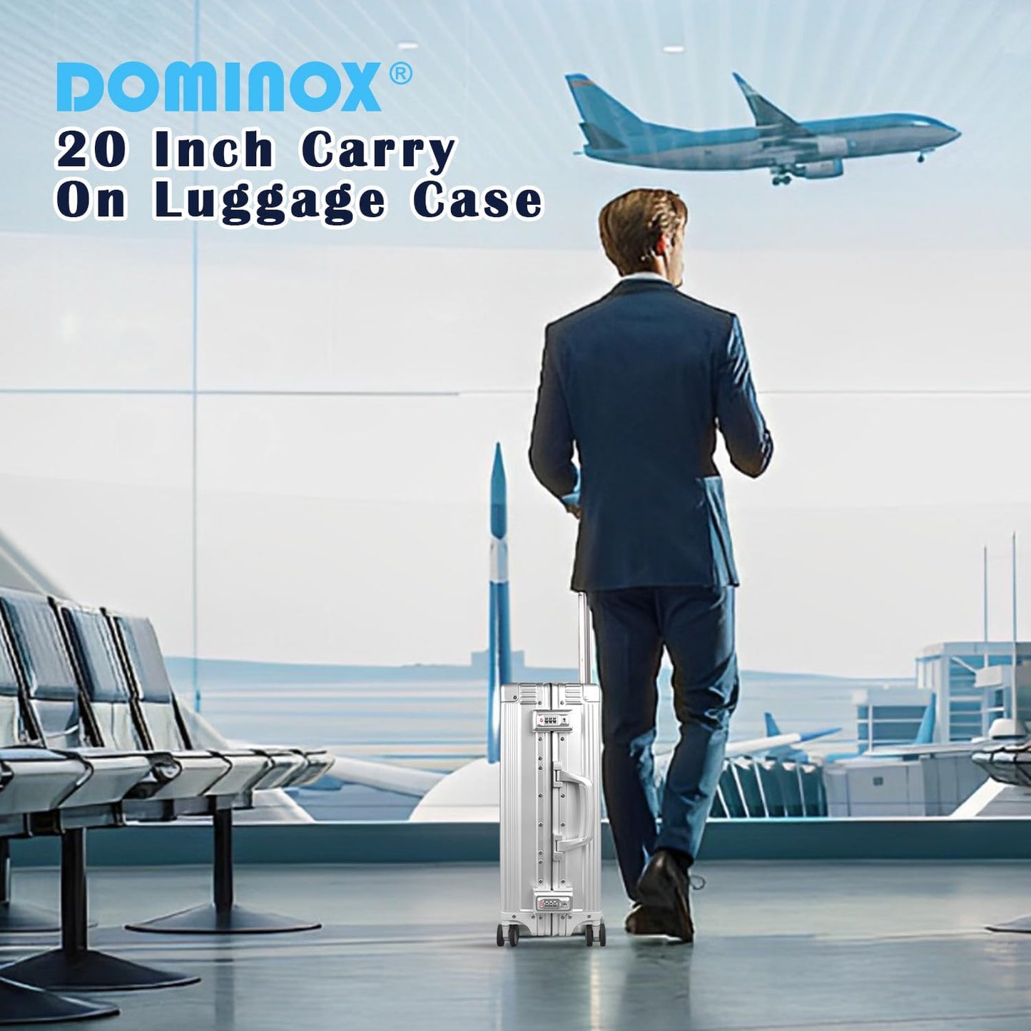 DOMINOX All Aluminum Carry On Luggage Hard Shell Luggage Aluminum Suitcase for Travel Zipperless Luggage Checked Luggage with Silent 360° Spinner Wheels 20 In. (Vertical Grain Style, Sliver)