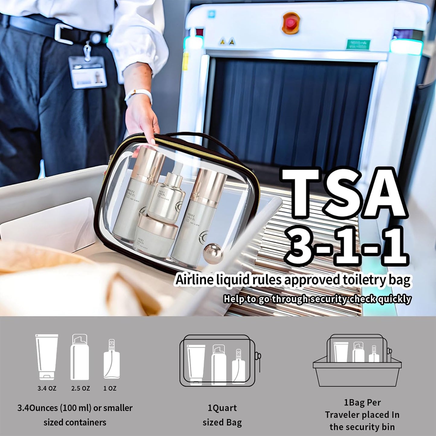 TSA Approved Travel Toiletry Bag,3 Pack Clear Makeup Bags with Handles,Quart Size Clear Cosmetic Bags for Traveling Women,Men,Carry on Airport Airline Compliant Bag,Black
