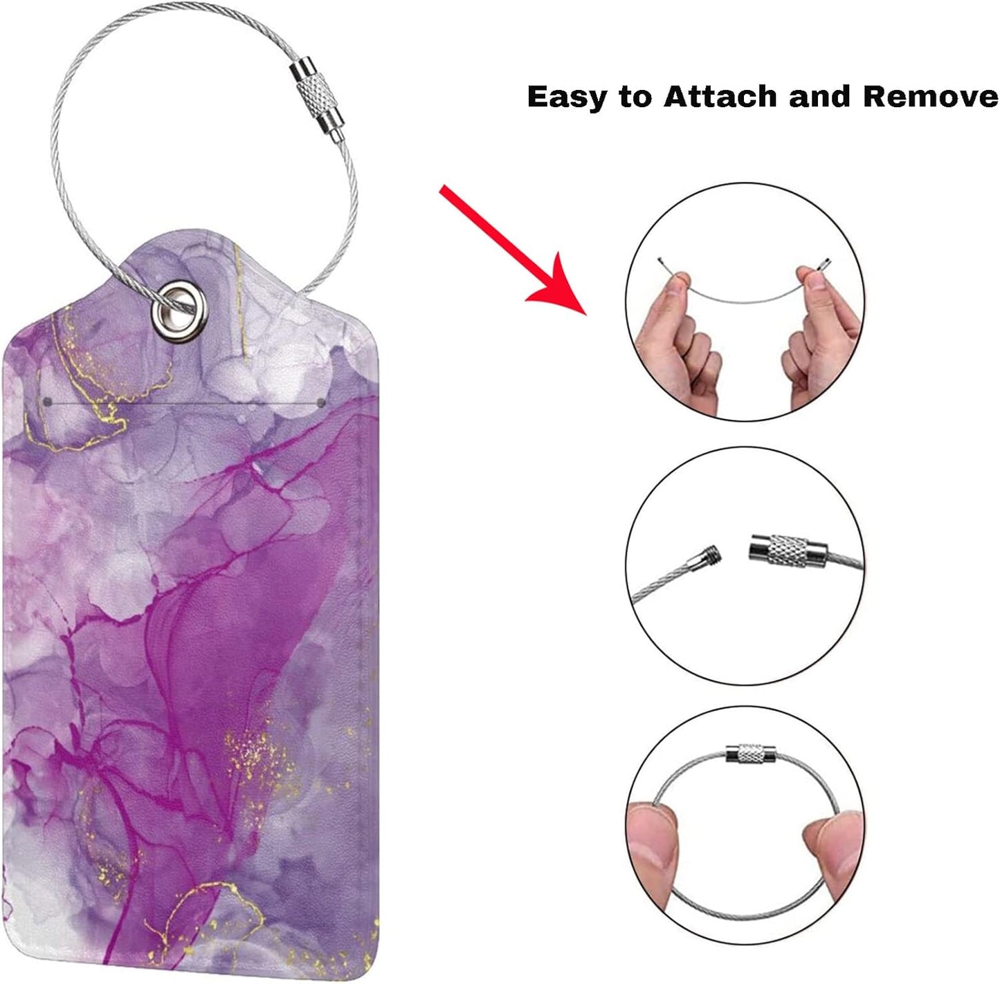 2 Pack Abstract Purple Luggage Tag for Suitcases Women, Art Painting Violet and Gold Marble PU Leather Airport Travel Bag Tags for Cruise Ships, Baggage Name Tags with with Full Back Privacy Cover