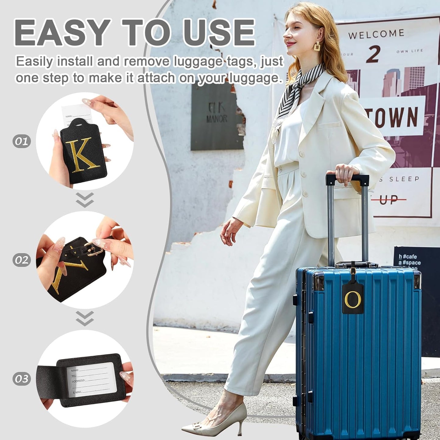 Personalized Initial Luggage Tags for Suitcase TSA Approved, Black Leather Cute Luggage Tag with Privacy Cover Name Card, Embroidered Custom Luggage Tags Travel Backpack Tags Gifts for Women Kids(O)