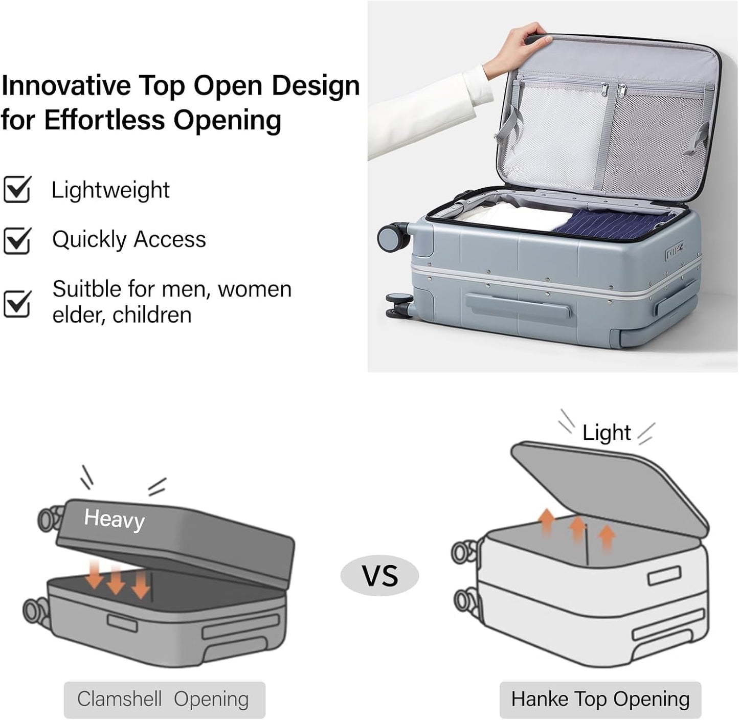 Hanke Top Opening Carry On Luggage, 20 Inch Zipperless Aluminum Frame Wide Handle Luggage, All-PC Hard Shell Trunk Suitcase with Spinner Wheels, TSA Airline Approved (Grey, 40L)