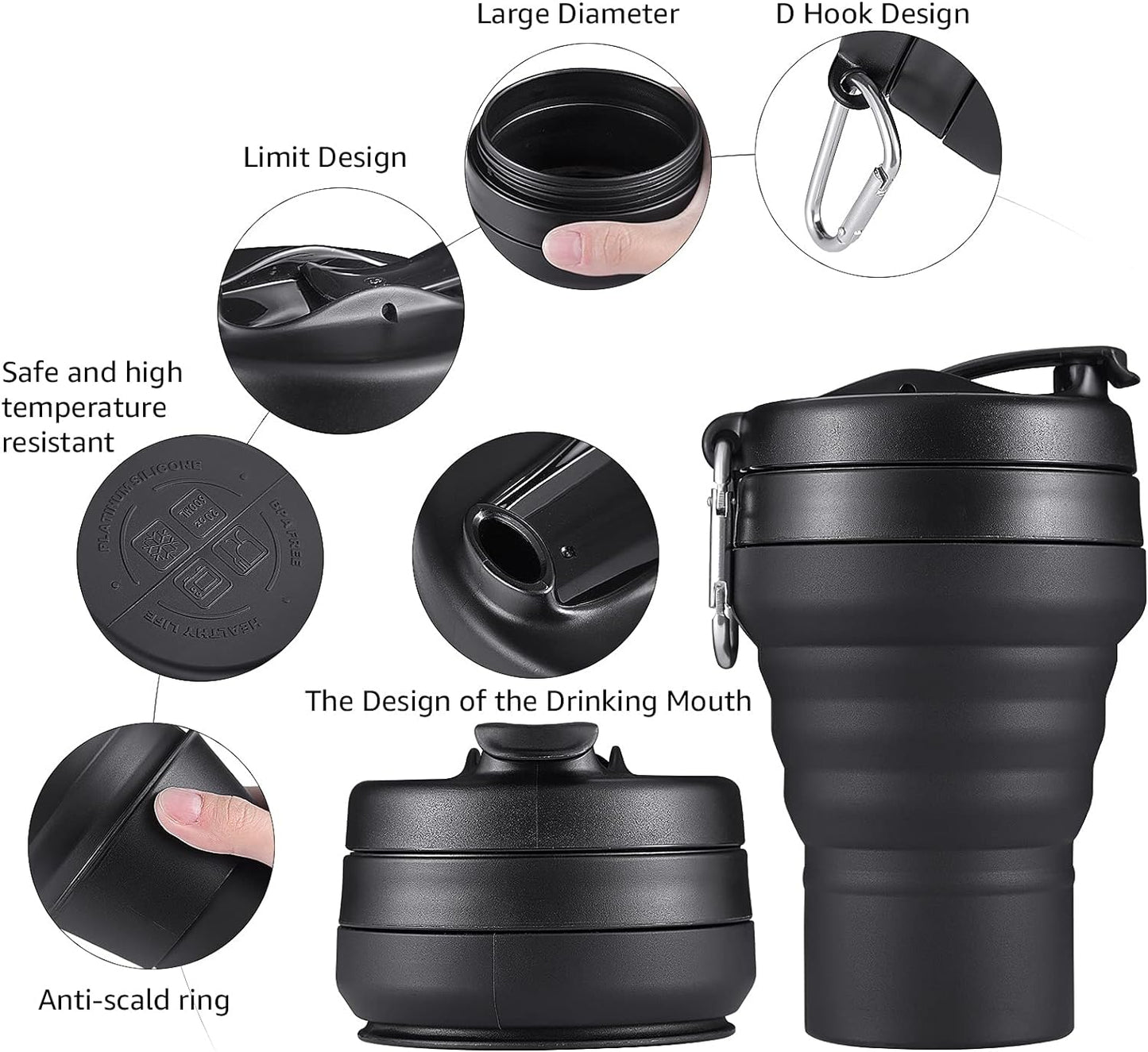 2PACK Collapsible Coffee Cup, 16 OZ 480ml Silicone Folding Camping Mug, Leak Proof BPA Free Portable Sport Bottle with Lids for hiking, Microwave & Dishwasher Safe (Black)