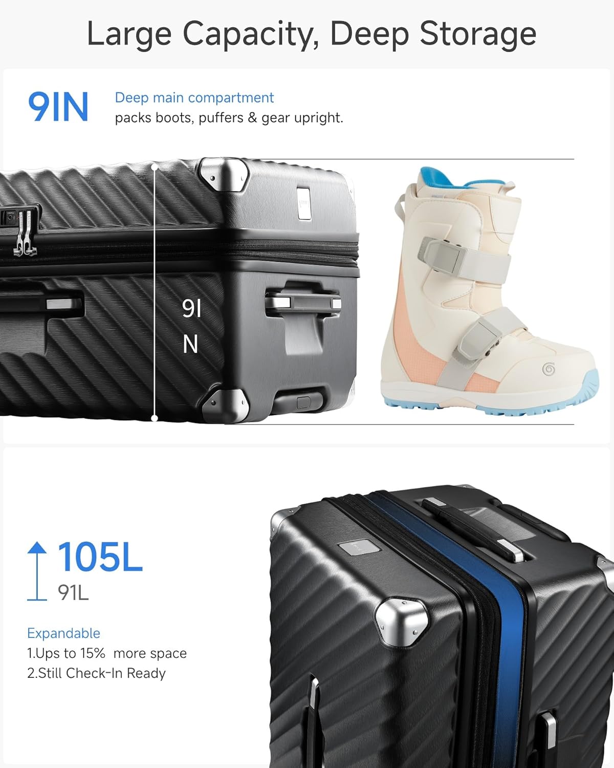 Trunk Luggage, Expandable PC Hard Shell Large Checked 28 Inch Suitcase with Shock - Absorbing Wheels & TSA Lock, Blue, 91L - 105L