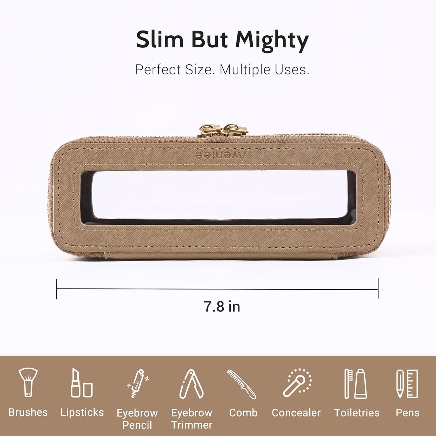 Aveniee Clear Makeup Brush Bag, Slim Cosmetic Brush Holder, Small Travel Toiletry Bag for Women, Thin Make up Bags with Dual Zipper, Mini Travel Essentials Organizer - Taupe