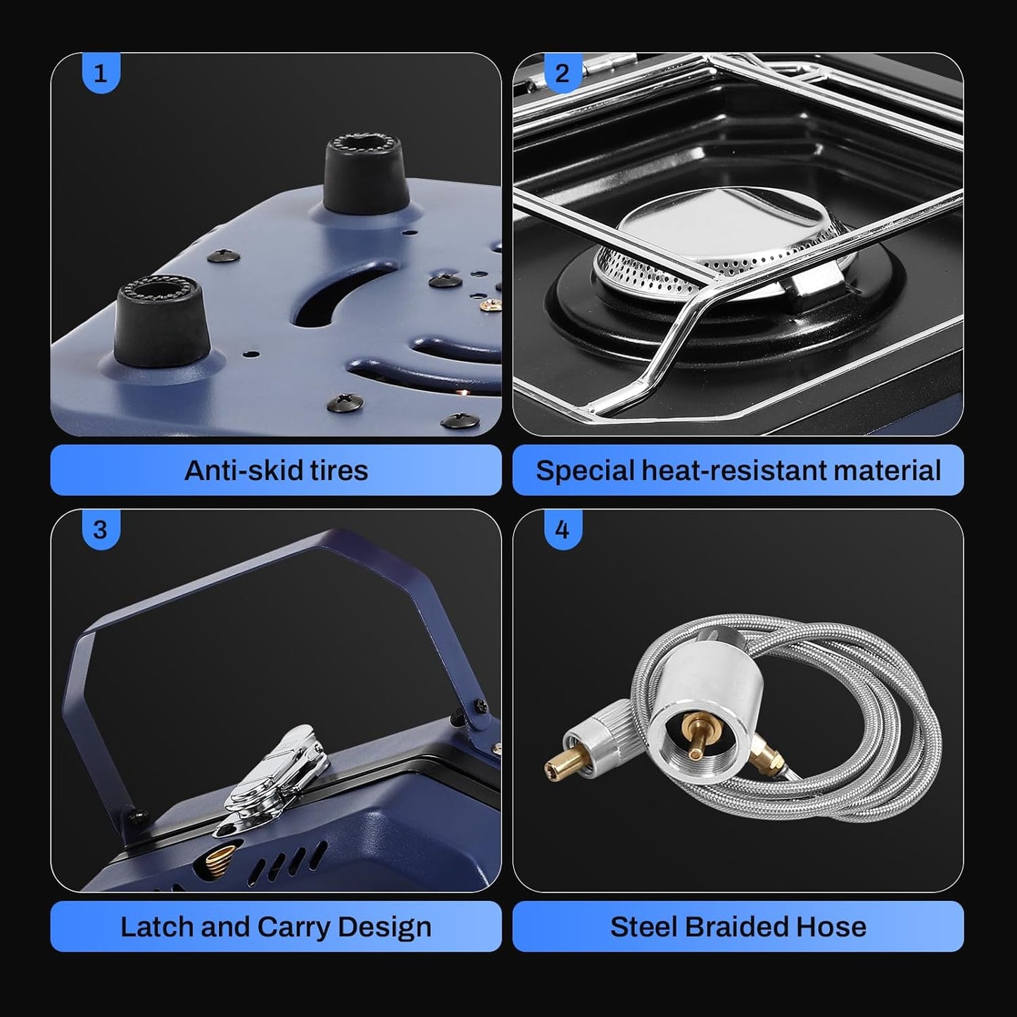 2-Burner Foldable Camping Stove with Griddle and Carrying Bag，16000 BTU Portable Propane Camp Stove with 2 Adjustable Burners & Piezo Ignition, for Camping, Home Backyard, Frying Turkey, Blue