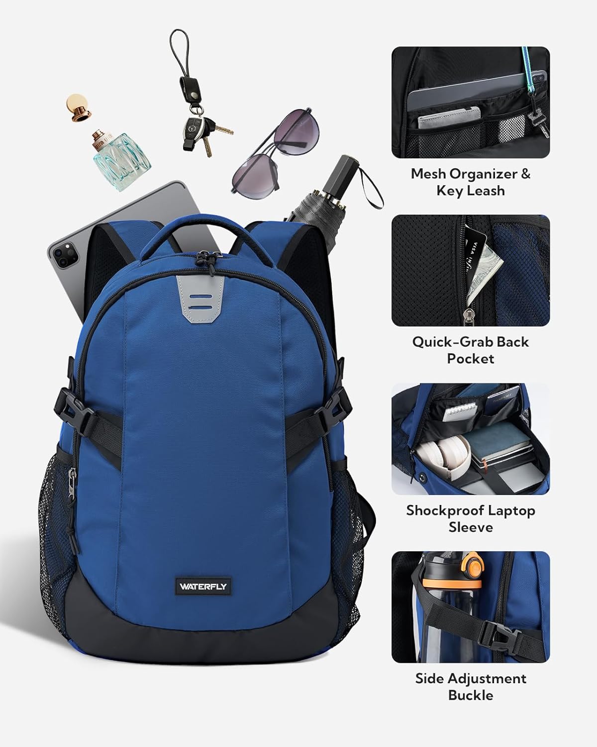 WATERFLY Small Casual Travel Backpack: 20L for Men Women Work Commuter Everyday EDC Daypack Hiking Gym Sport Workout Blue