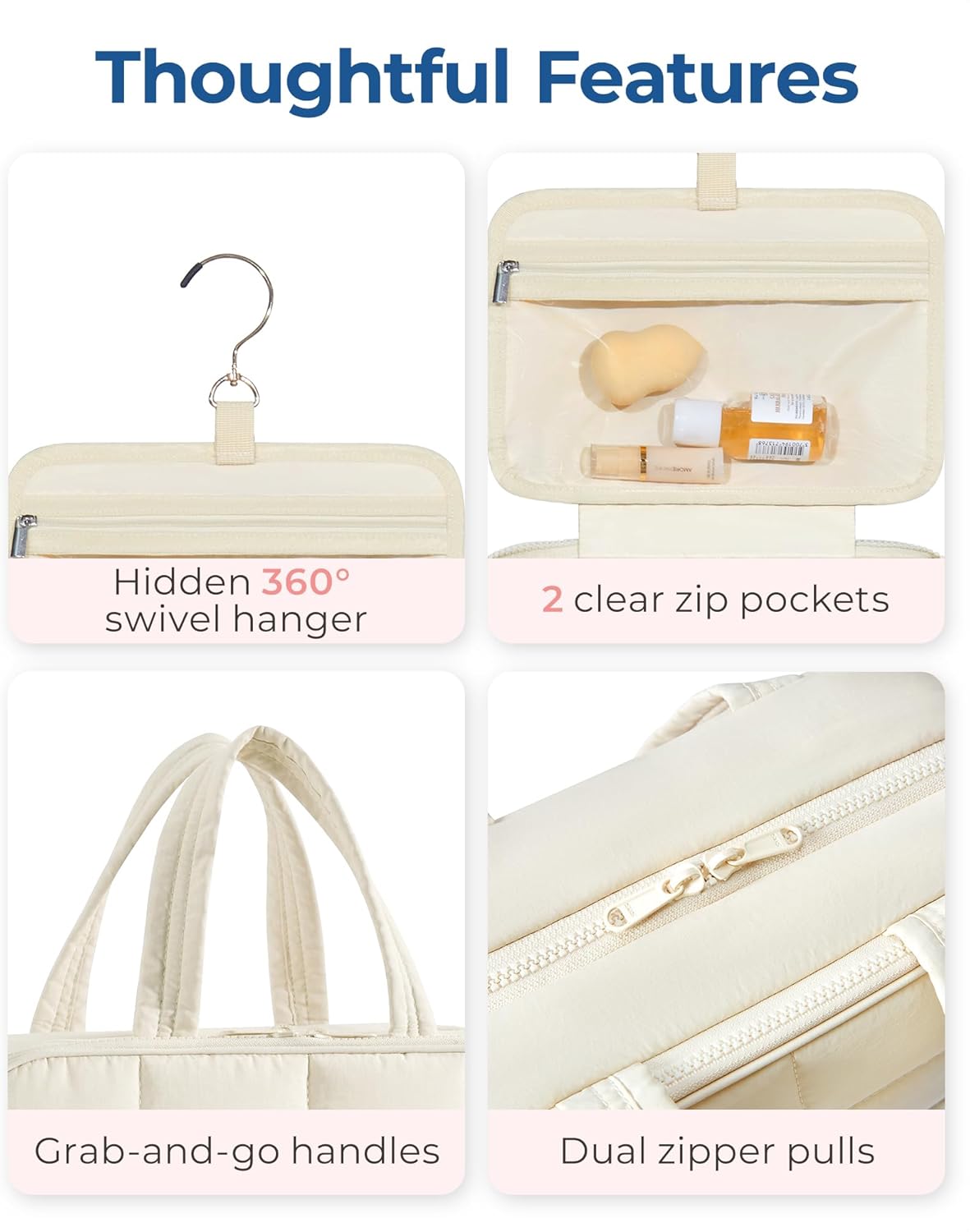 BAGSMART Travel Toiletry Bag with Jewelry Organizer, Hanging Travel Bag for Toiletries, Puffy Makeup Cosmetic Bag Organizer, Carry-on Travel Accessories Essentials, Beige-M