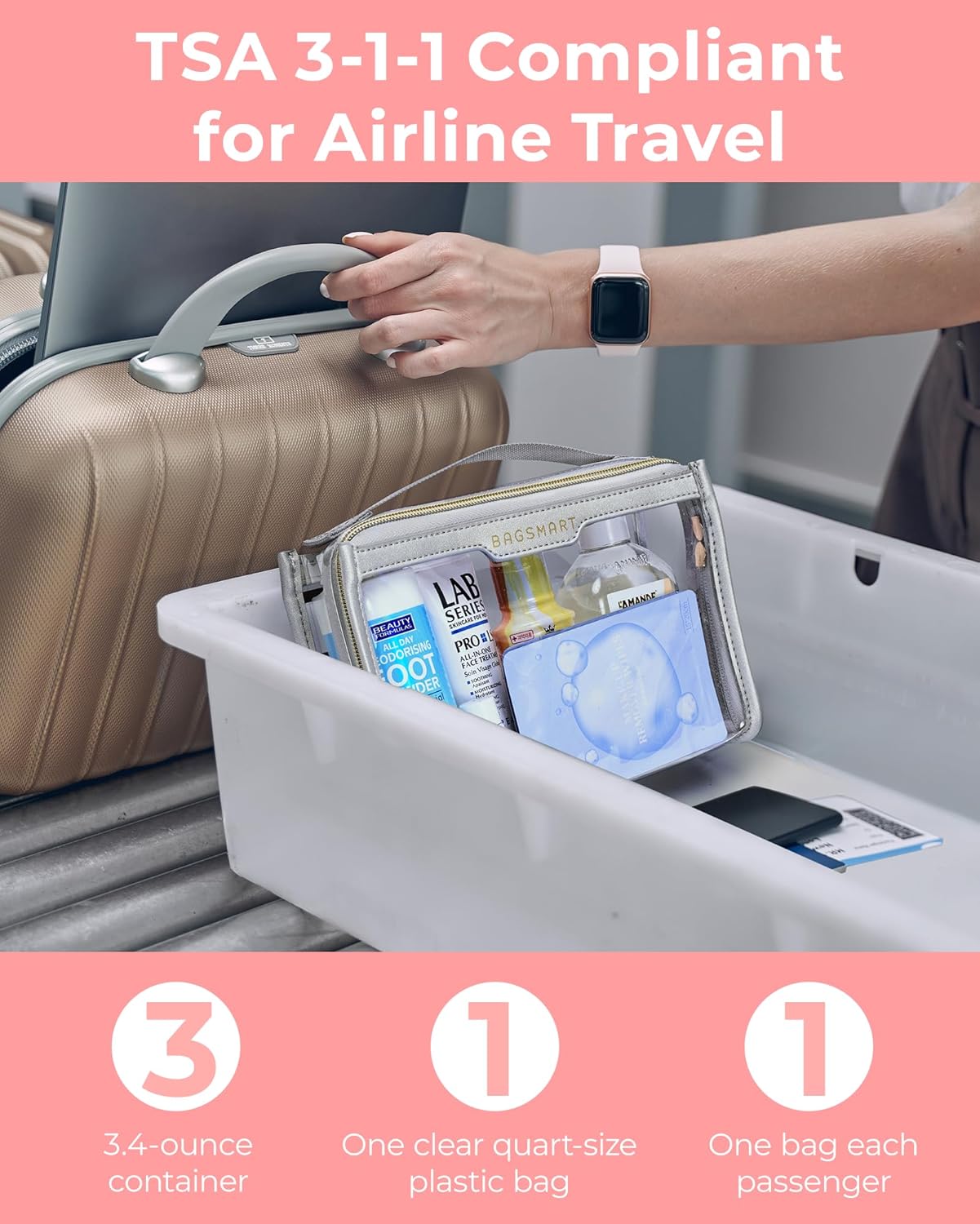 BAGSMART TSA Approved Toiletry Bag, Clear Travel Toiletry Bag, Makeup Cosmetic Pouch Bag for Women Men Carry on Airline Quart Size Organizer for Travel Essentials (Gray, Pack of 2)