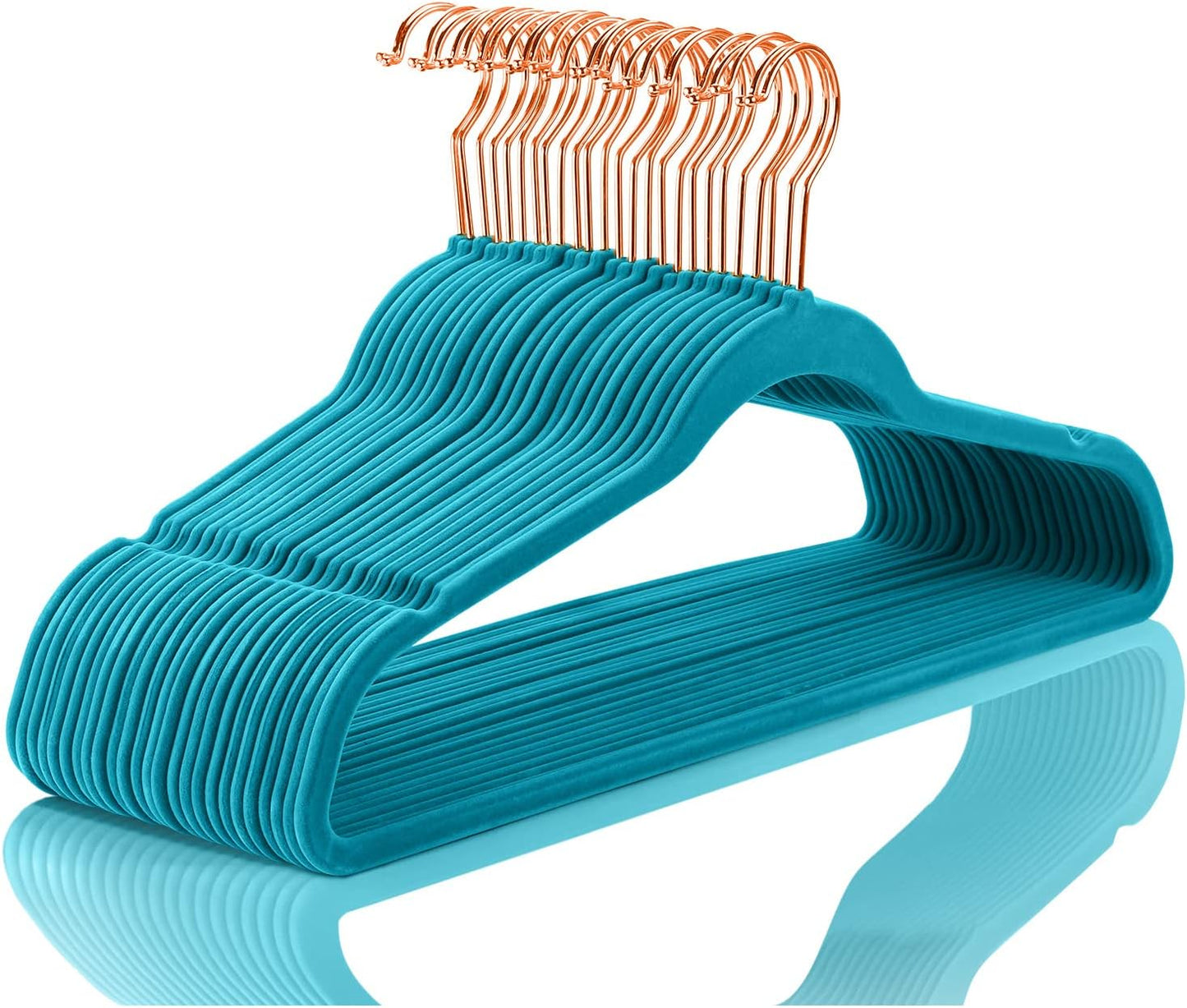 MIZGI Premium Velvet Hangers (50 Pack) Heavy Duty - Non Slip Felt Suit Hanger Teal/Turquoise - Rose Gold Hooks,Space Saving Clothes Hanger