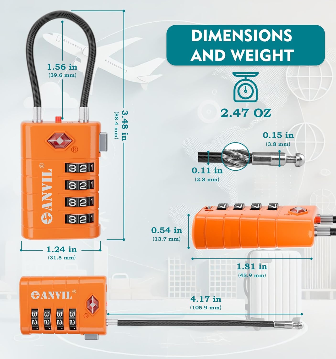 ANVIL 4 Digit Luggage Locks, TSA Locks for Luggage, Advanced TSA008 core, Alert Indicator for Your Travel Lock, Suitcase Lock. (3, Orange)