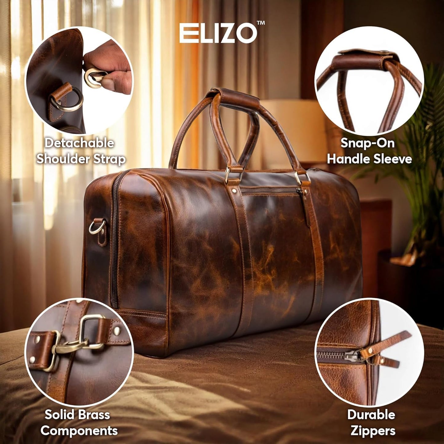 ELIZO Leather Duffle Bag For Men Women Real Full Garin Custom Travel Overnight Weekender Carry On Luggage Sports Gym Bags (Antique 20 Inch) Legacy