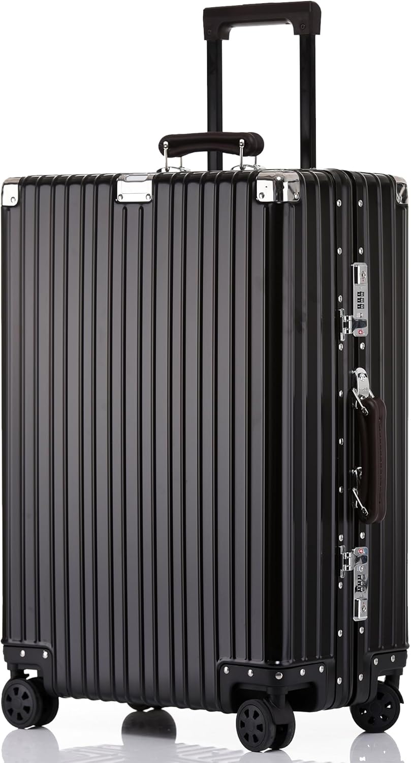 HotWay 28 Inch All Aluminum Checked in Luggage with Leather Handle, Hard Shell Zipperless Suitcase with TSA Locks and Spinner Wheels, Large Luggage for Business Travel, Black