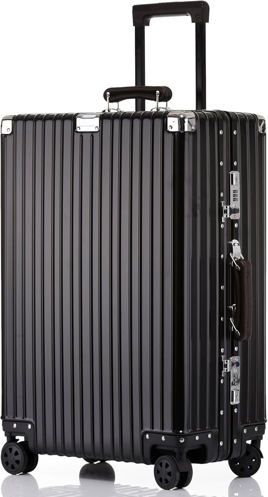 HotWay 20 Inch All Aluminum Carry On Luggage with Leather Handle, Hard Shell Zipperless Suitcase with TSA Locks and Spinner Wheels, Black Travel Luggage (22x14x9 Airline Approved)