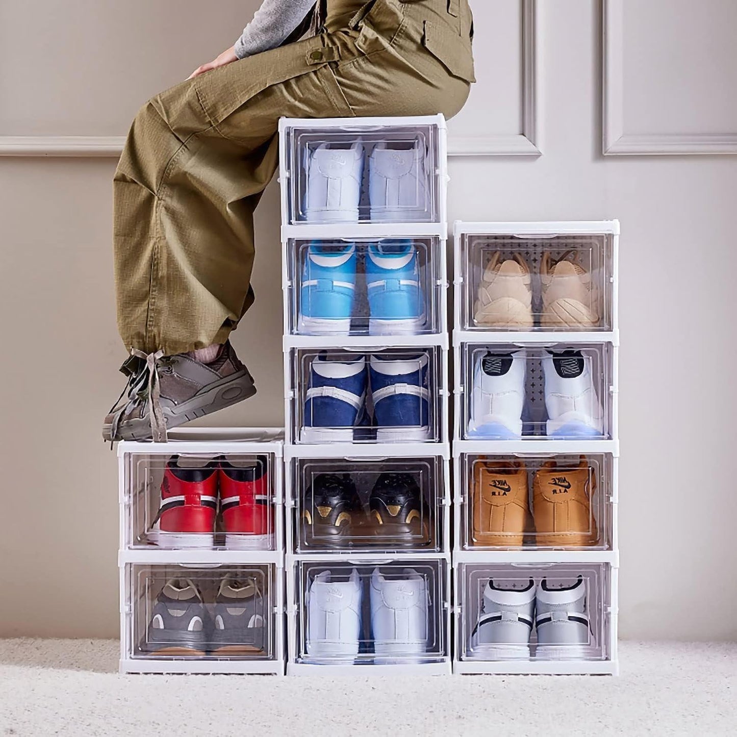 Shoe Organizer Foldable Shoe Rack, No Assembly Box Covered Shoe Storage with Doors, Free Standing Space Saving Shoe Box Stackable Dustproof 6,3 (1×6 Tiers)