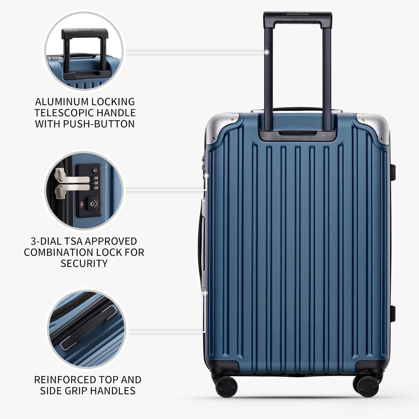 LEVEL8 Grace Luggage, 28 Inch Hardside Suitcase, Abs+Pc Harshell Spinner Luggage with Tsa Lock, Spinner Wheels, Blue, 28 Inch