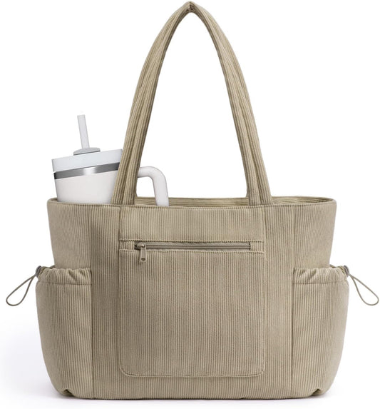 ECOHUB Tote Bag for Women, Work Tote Bags with Laptop Compartment, Large Corduroy Tote Bag with Stanley Cup Holder