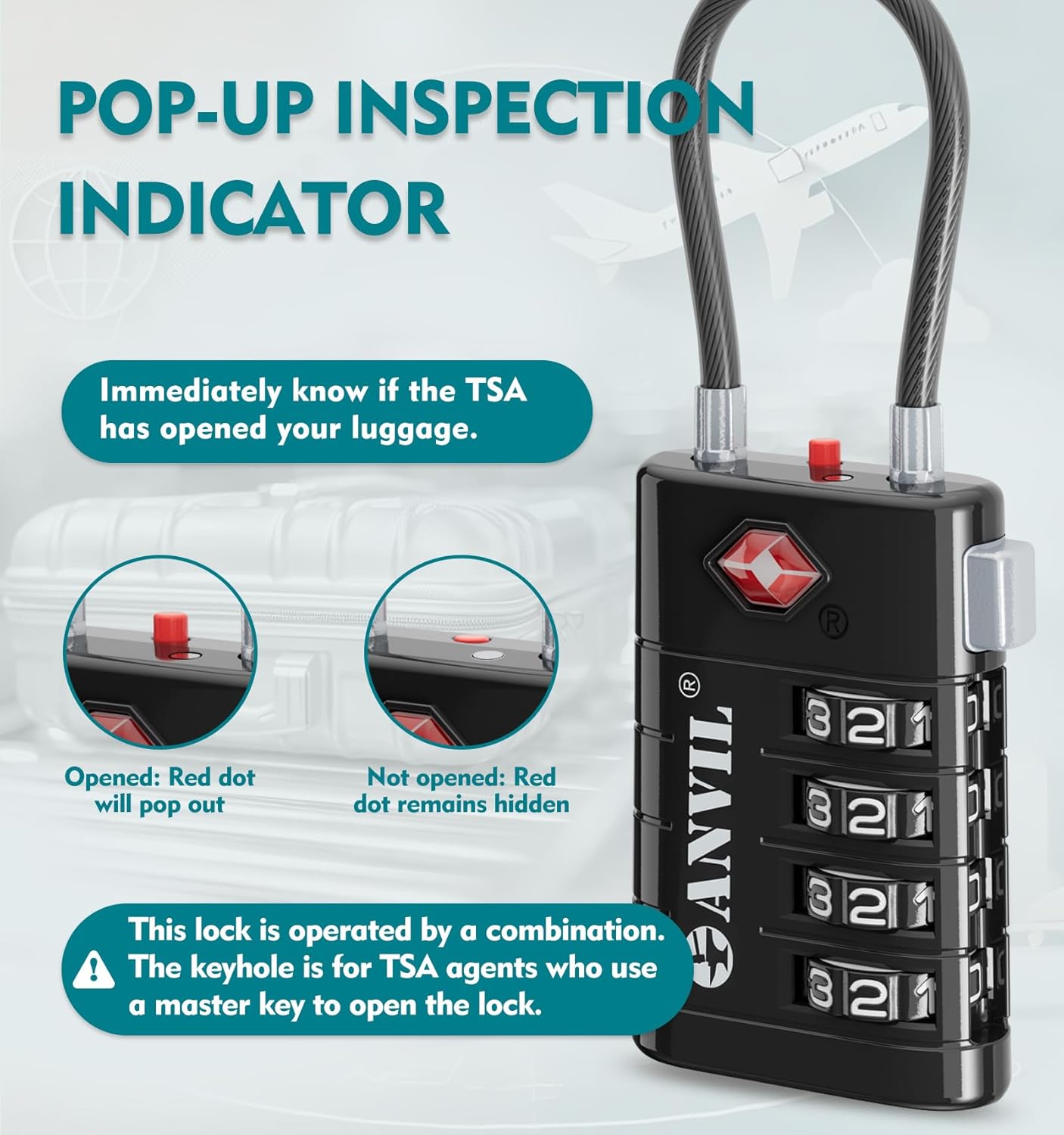 ANVIL 4 Digit Luggage Locks, TSA Locks for Luggage, Advanced TSA008 core, Alert Indicator for Your Travel Lock, Suitcase Lock. (6, Black)
