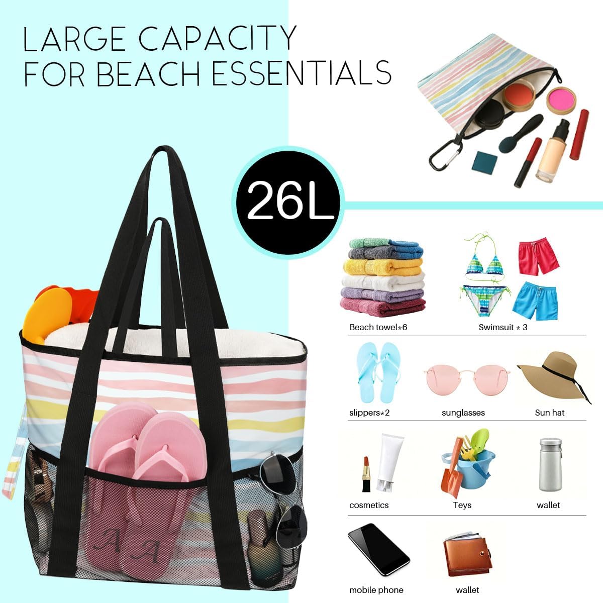 8-Pocket Waterproof Tote for Women -Sandproof Beach Bag with Zipper& Family | Foldable Travel Swim Bag (Gift-Ready)