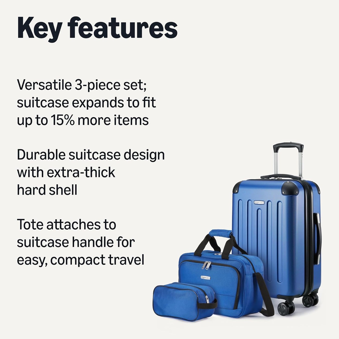 Amazon Basics 3-Piece Luggage Set, Including One Carry-On Luggage (22" Expandable Hardside Suitcase With 8 Spinner Wheels), One 15-inch Tote Bag, and One 10-inch Compact Travel Bag, Navy Blue