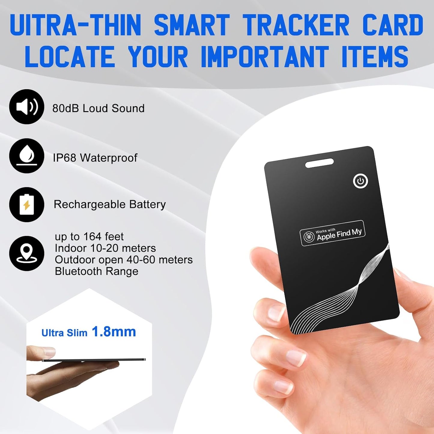 Wallet Tracker Card, Rechargeable Finder, Works With Apple Find My (iOS Only), Thin GPS Item Locator for Wallets, Luggage and More, IP68 Waterproof (Black)