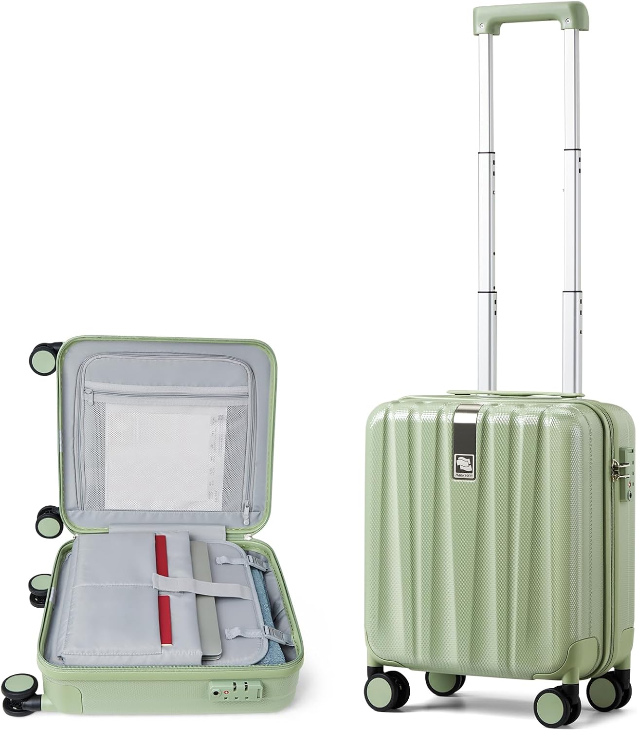 Hanke 16 Inch Underseat Carry on Luggage with Wheels,Small Hard Shell Suitcases for Weekender,Travel Approved Lightweight Travel Luggage Suitcase for Womem Men,Bamboo Green.