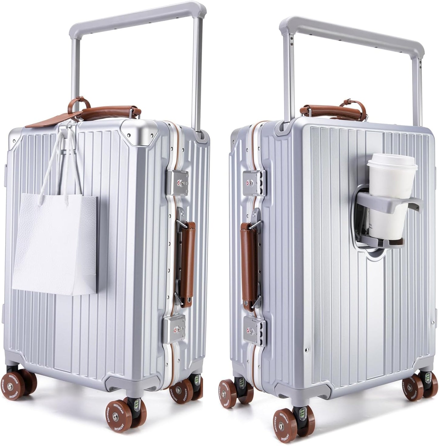 feilario 20" Aluminum Frame Wide Handle Hard Shell Carry On Suitcase - Vivid Colors Double Spinner Wheels Airline Approved Rolling Luggage with TSA Lock & Cup Holder (Silver, 20in)