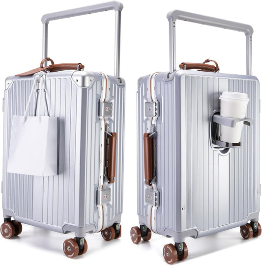 feilario 20" Aluminum Frame Wide Handle Hard Shell Carry On Suitcase - Vivid Colors Double Spinner Wheels Airline Approved Rolling Luggage with TSA Lock & Cup Holder (Silver, 20in)