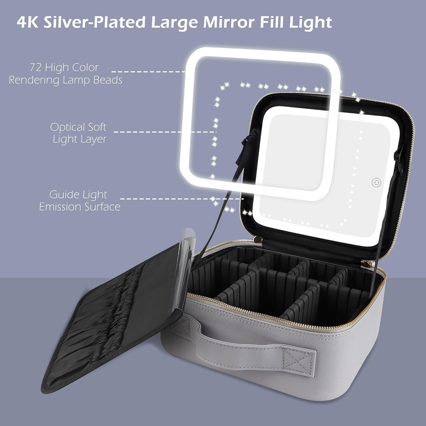 MOMIRA Travel Makeup Bag Cosmetic Bag Makeup Organizer Bag with Lighted Mirror, Adjustable Brightness in 3 Color Scenarios, Waterproof Makeup Train Case, Gift for Women - Grayish