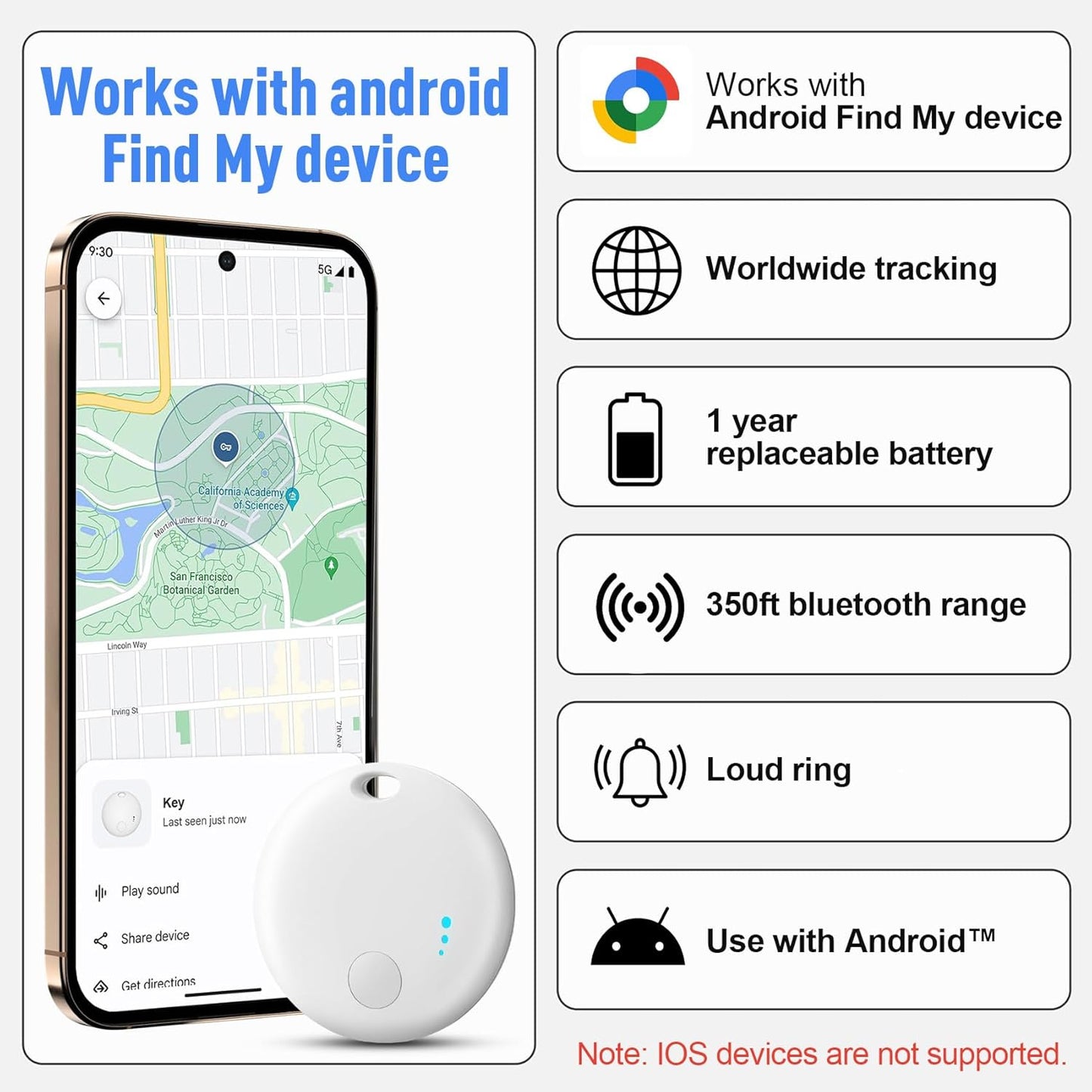 Bluetooth Tracker for Android, 2 Pack Item Finder Work with Google Find My Device App, Keys Finder and Item Locator for Keys Wallet Bags Pets ONLY Android, Smart Tracking Tag for Luggage, Backpack