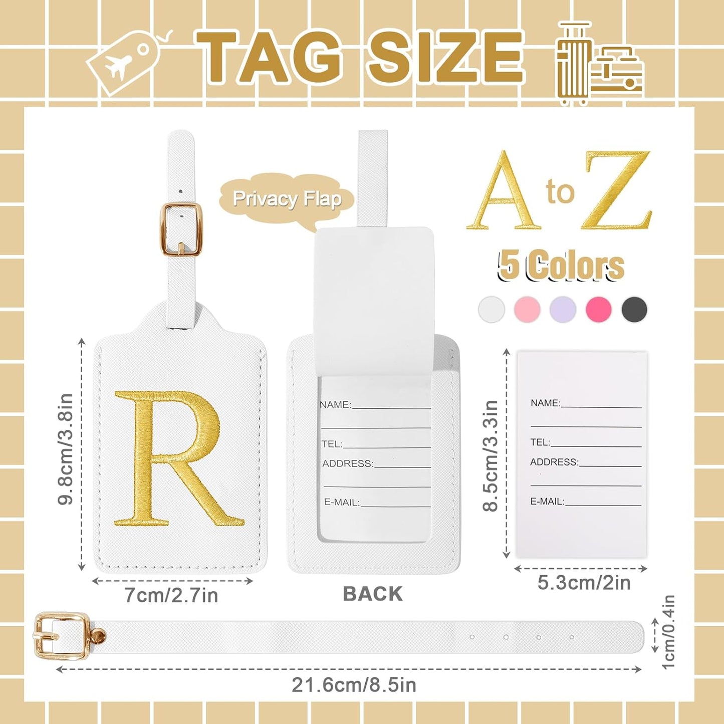 Personalized Initial Luggage Tags for Suitcase TSA Approved, White Leather Cute Luggage Tag with Privacy Cover Name Card, Embroidered Custom Luggage Tags Travel Baggage Tags Gifts for Women Kids(R)