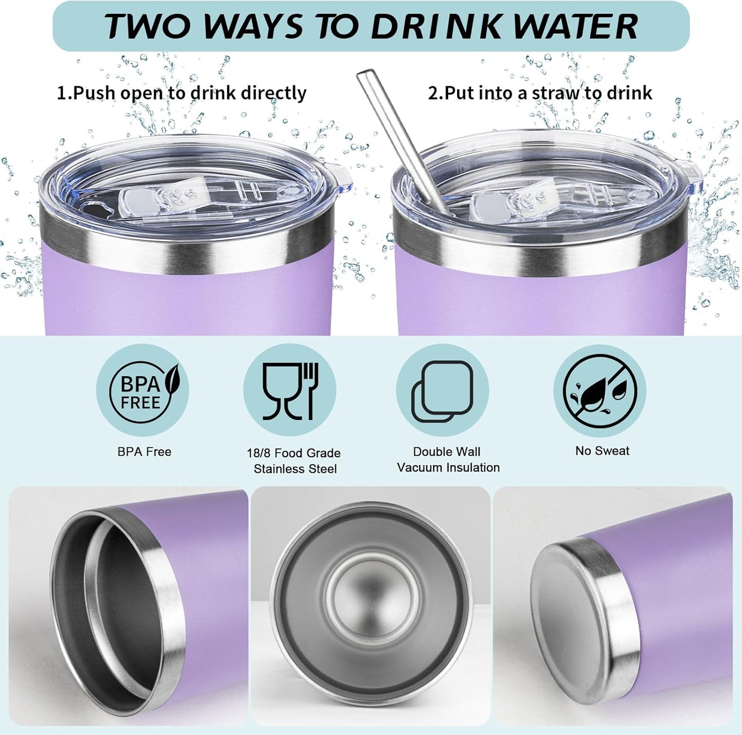 20oz Tumbler with Straw and Brush, Stainless Steel Vacuum Insulated tumbler, Double Wall Insulated Coffee Tumbler for Outdoor, Home, Travel,Office (Lilac,1pcs)